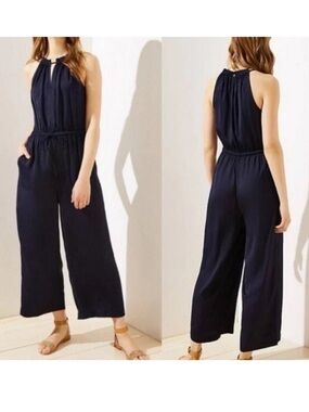 LOFT Navy Silky Maxi Long Wide Leg Romper Jumpsuit S